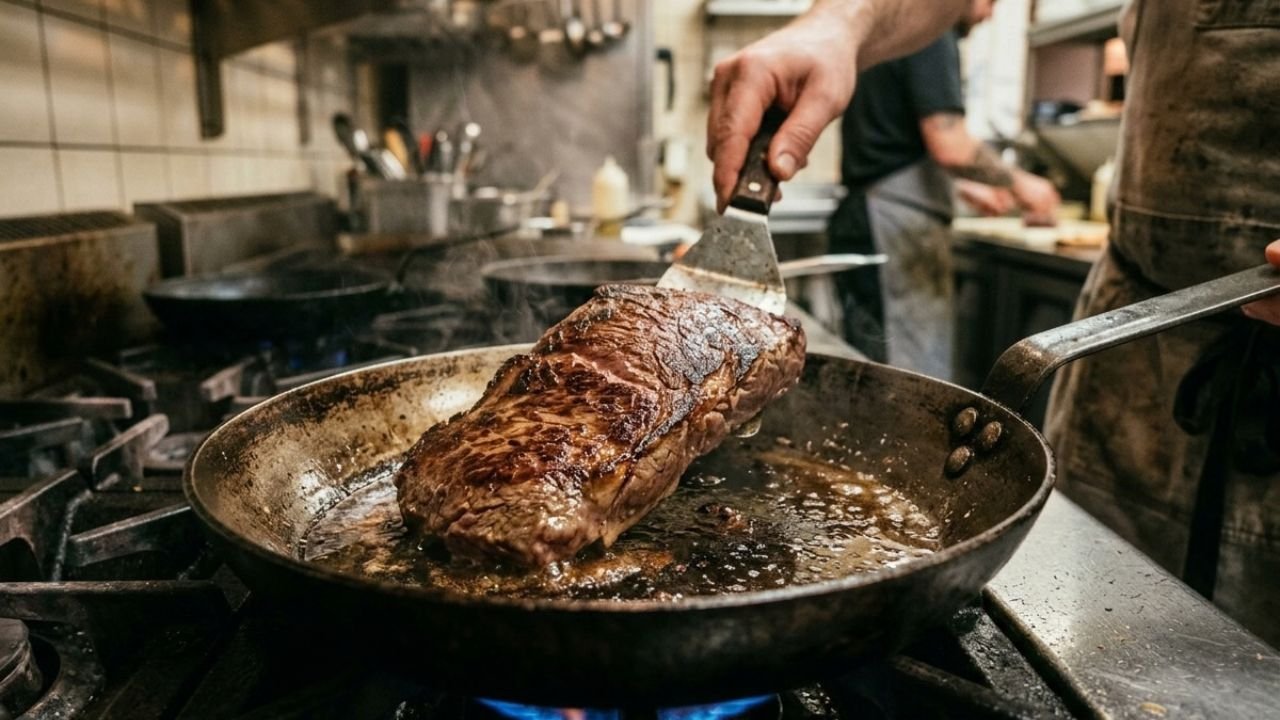 Bavette steak browning in a heavy steel skillet.

