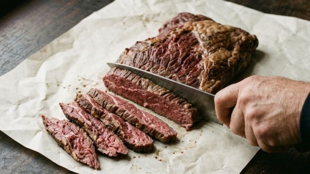 Bavette steak on butcher paper being sliced across its visible muscle grain.