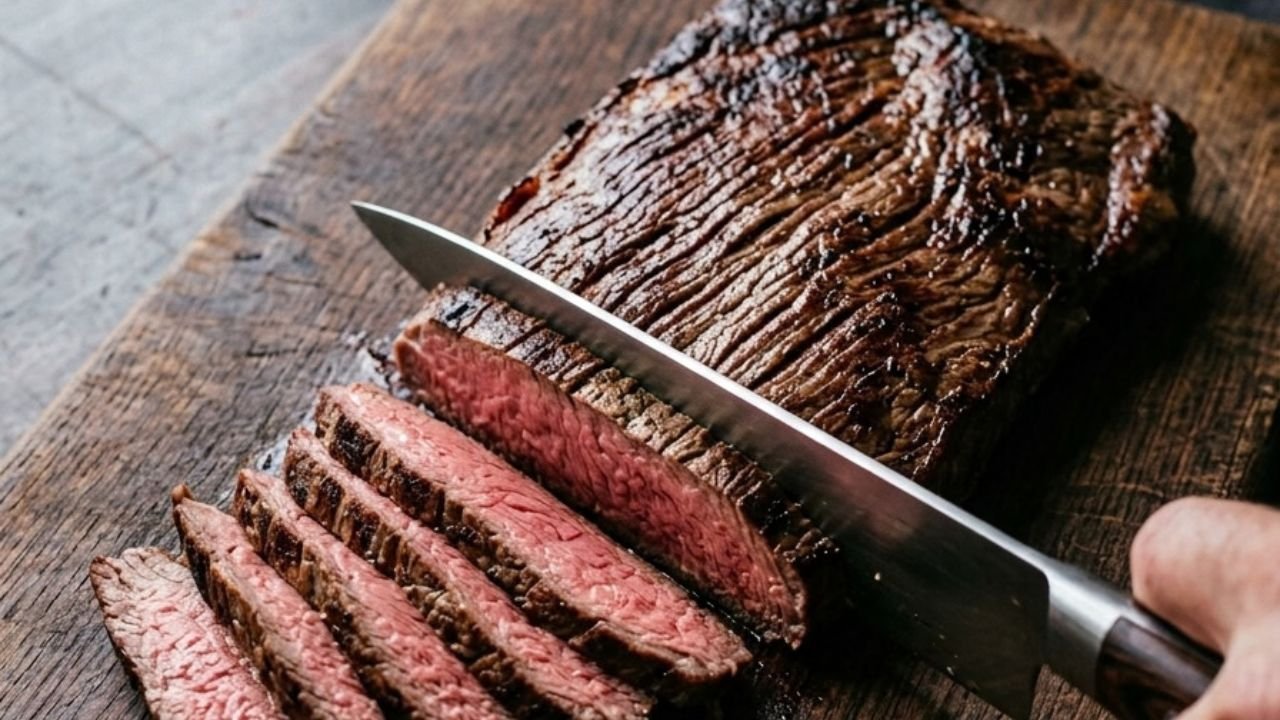 Cooked bavette being sliced perpendicular to its visible grain.

