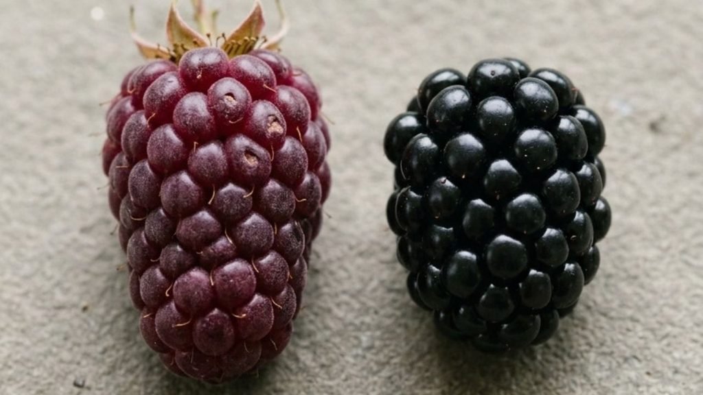Elongated boysenberry beside a more compact dark blackberry for visual comparison.

