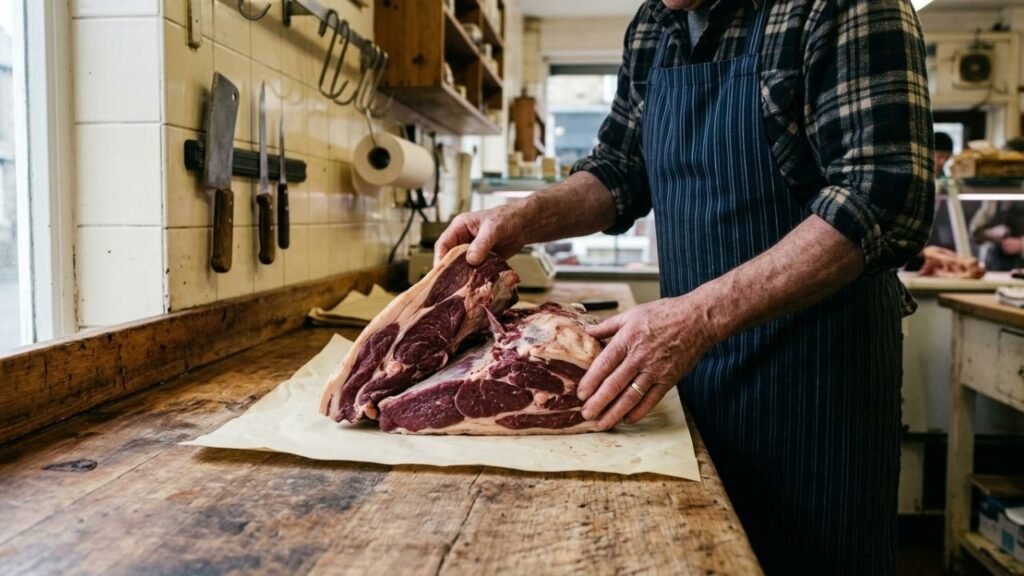 Butcher’s hands examining a mature sheep-meat cut on a wooden counter.