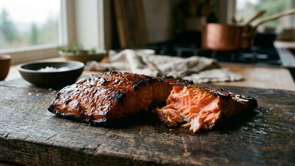 Thick candied salmon with a dark glossy exterior and moist flaky interior visible where one piece has been broken open.