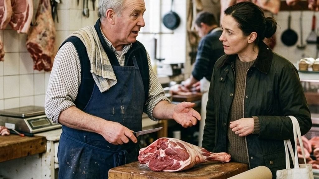 Customer speaking with a butcher beside a counter of mature sheep-meat cuts.