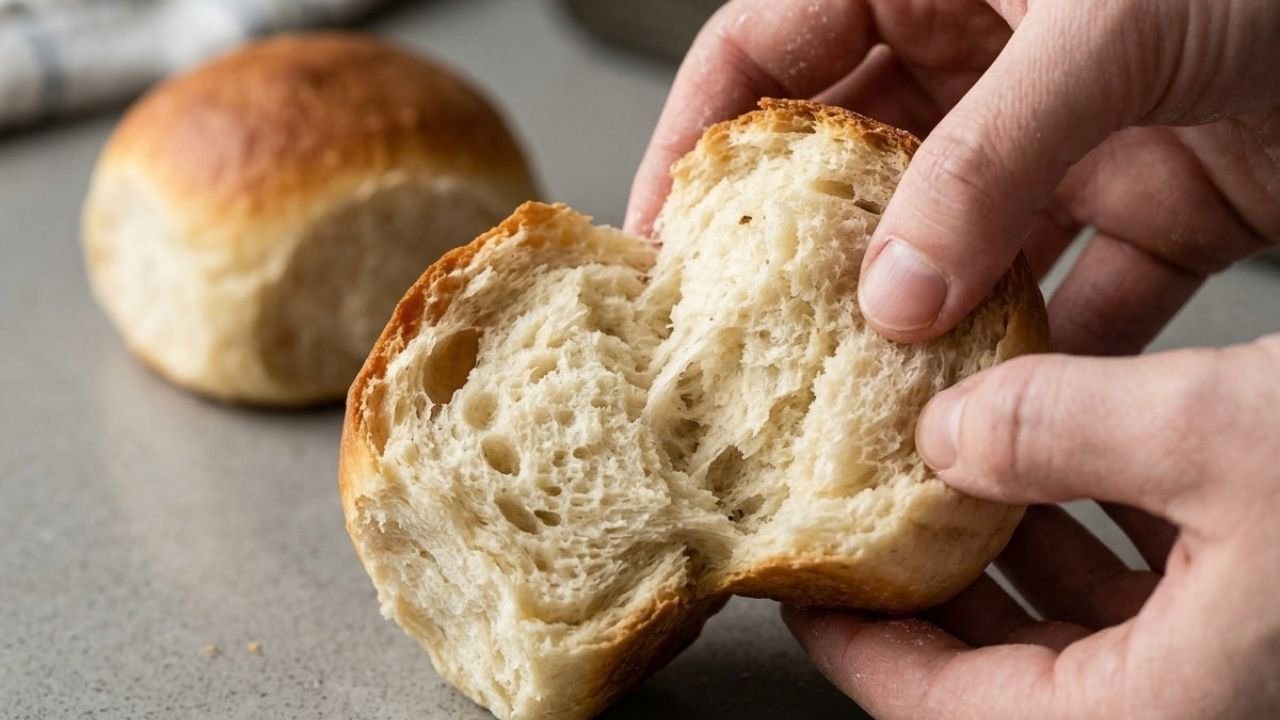 Torn golden-brown dinner roll showing a soft, pale, airy crumb inside.

