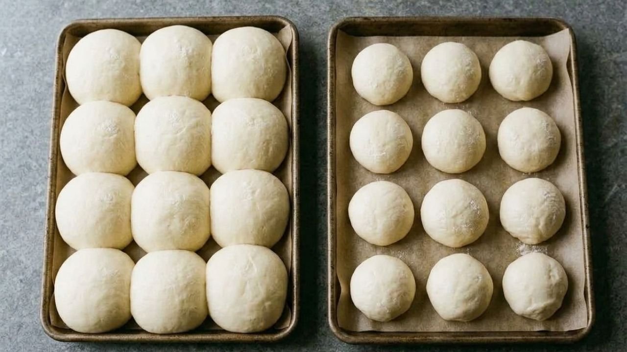 Two baking pans showing dinner rolls arranged closely together and farther apart.


