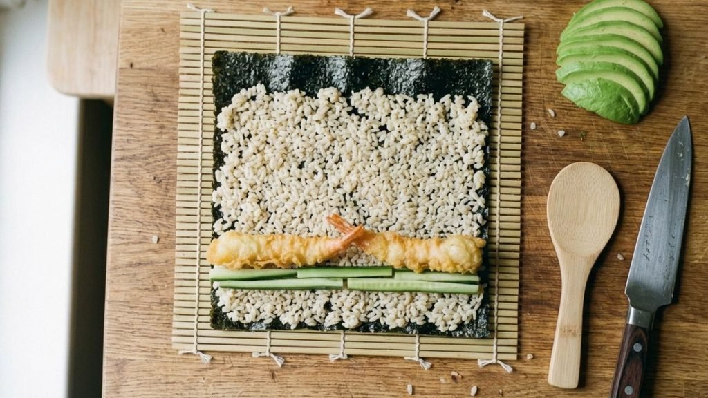 Nori covered with sushi rice and lined with shrimp tempura and cucumber on a bamboo sushi mat.

