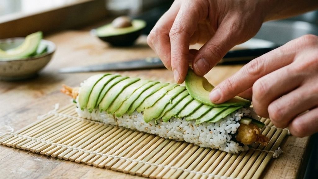 Hands arranging overlapping avocado slices across the top of a sushi roll.


