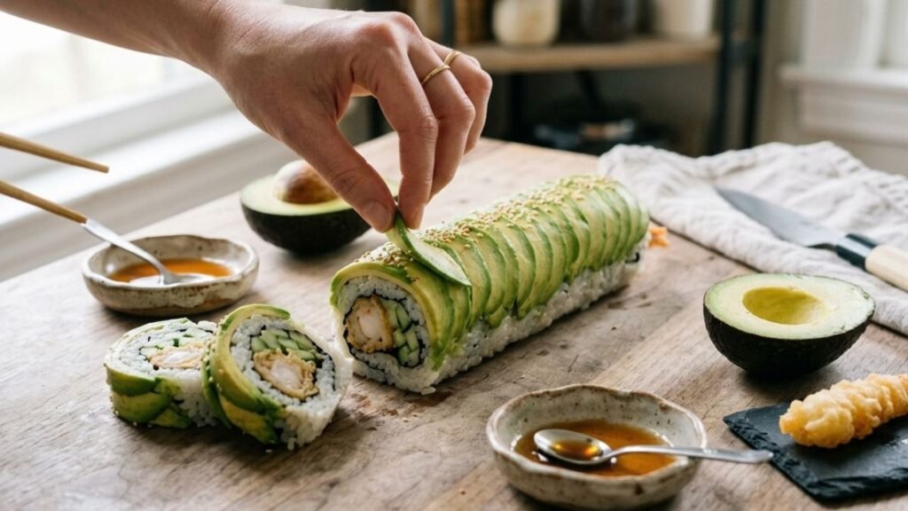Dragon Roll with overlapping avocado slices and shrimp tempura and cucumber visible inside.