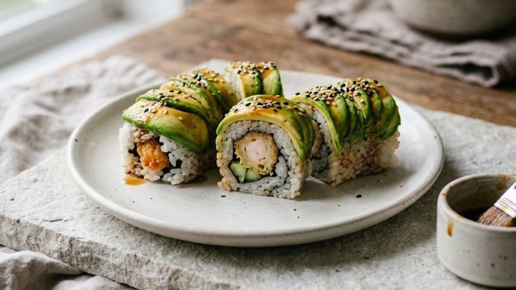 Three Dragon Roll pieces showing avocado topping, sushi rice, nori, shrimp tempura and cucumber.

