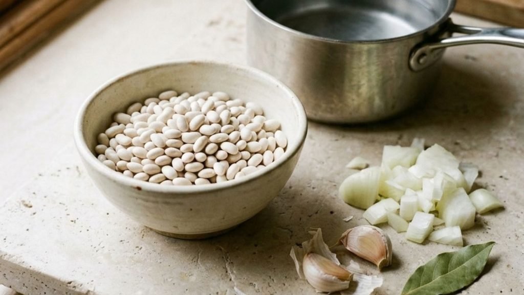 Bowl of dried navy beans beside onion, garlic, a bay leaf and a saucepan.

