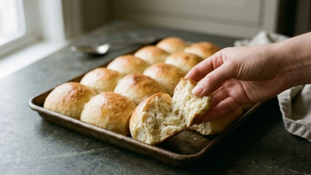 Golden dinner rolls in a baking pan, with one warm roll pulled open to reveal its soft interior.