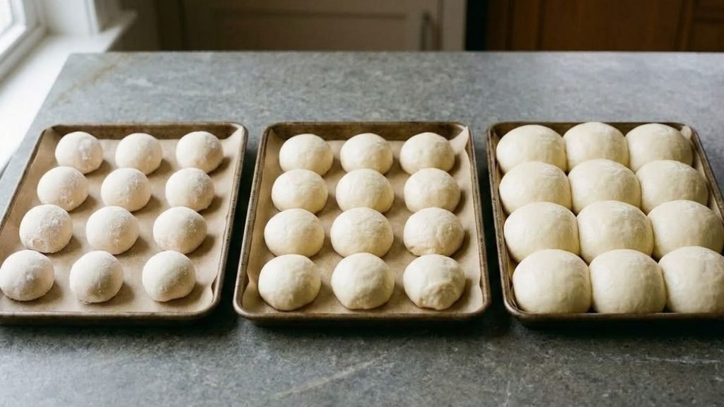 Three stages of dinner roll dough showing compact frozen rolls, partially expanded dough, and fully risen puffy rolls.

