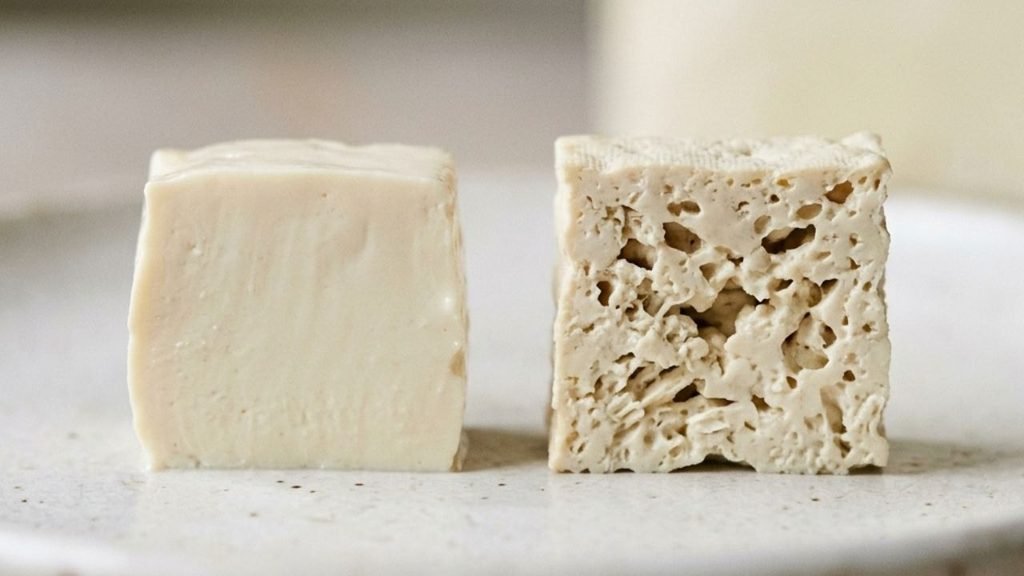 Fresh silken tofu with a smooth interior beside thawed tofu with a more porous structure.


