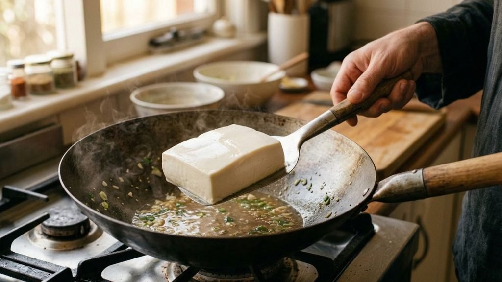 Broad spatula gently supporting a piece of silken tofu in a shallow pan.

