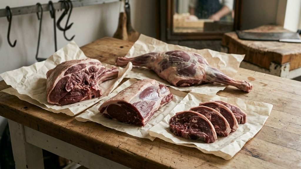 Different cuts of mature sheep meat arranged on butcher paper, including shoulder, leg, loin and neck.