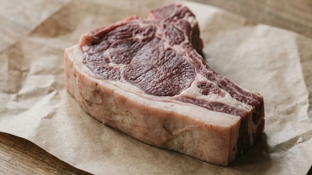 Butcher’s hands examining a mature sheep-meat cut on a wooden counter.