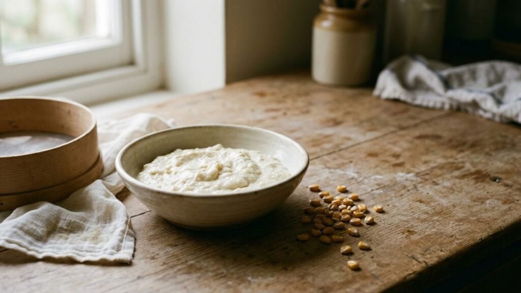 Bowl of pale wet maize starch beside dried maize kernels and a fine straining cloth.