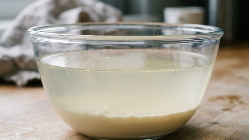 Bowl showing a pale settled starch layer beneath clearer water.

