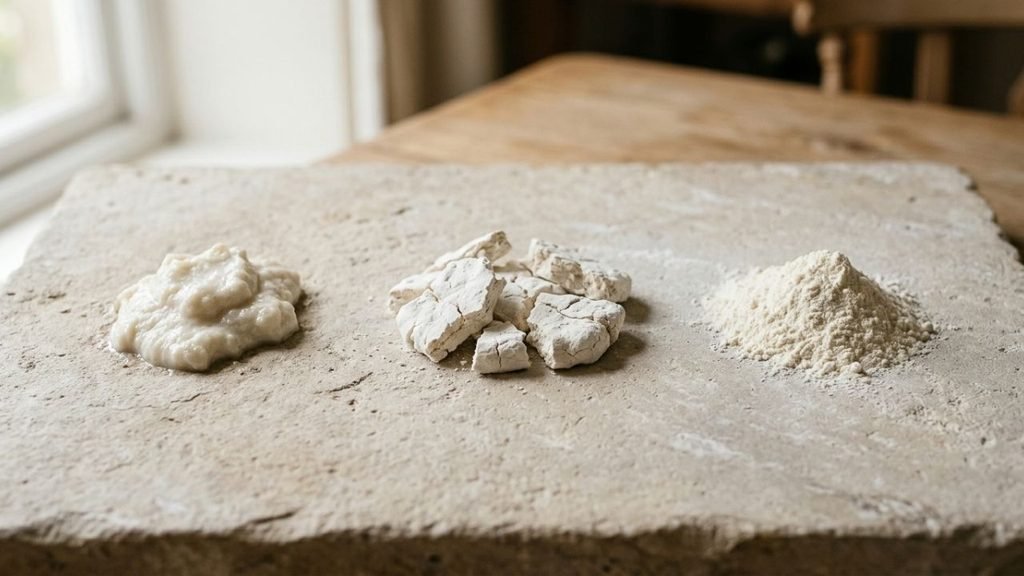 Three stages of maize starch from wet sediment to dried pieces and fine powder.

