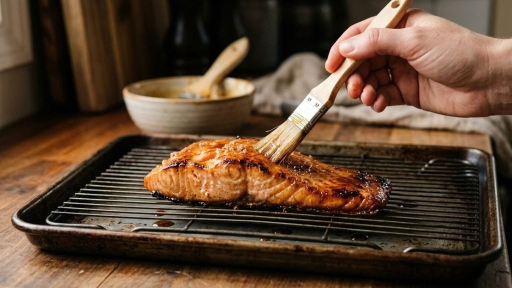 Hand brushing a thin maple glaze over partially cooked salmon on a wire rack.

