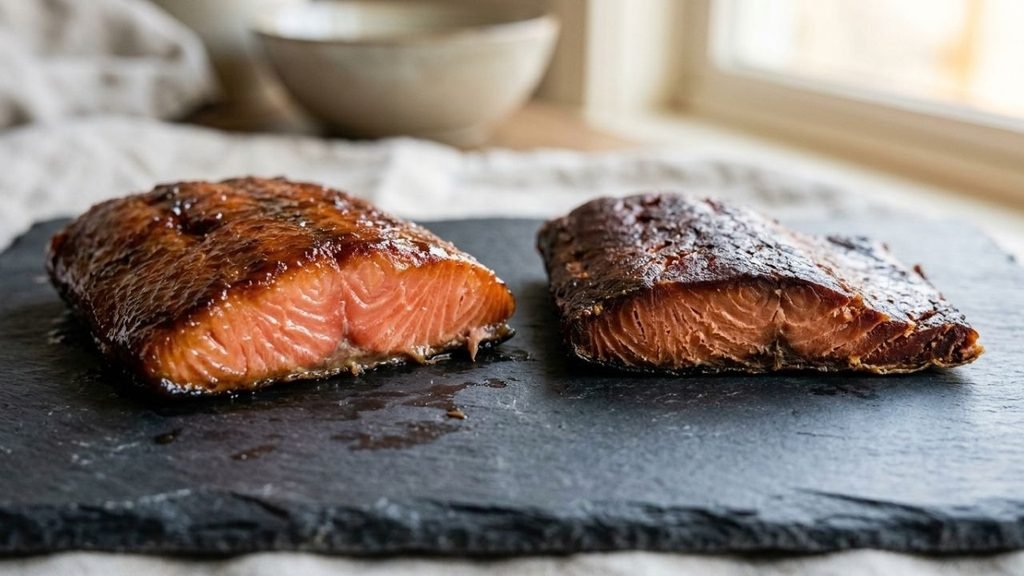 Two pieces of candied salmon showing a moist flaky center beside a visibly drier, firmer piece.

