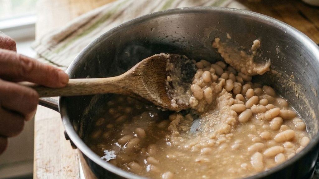 Wooden spoon partially mashing cooked navy beans against the side of a saucepan.

