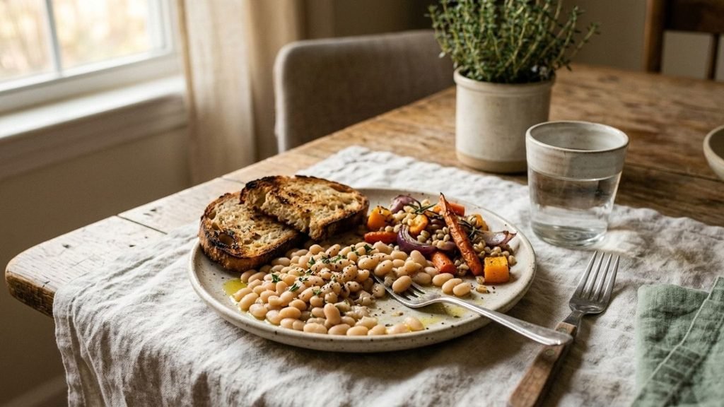 Plate of cooked navy beans with herbs and olive oil beside toast and roasted vegetables.

