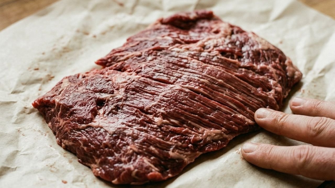 Close view of visible muscle fibres running through a raw bavette steak.

