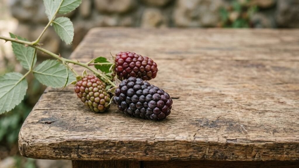 Ripe boysenberries with deep purple-red drupelets resting beside a short trailing cane.