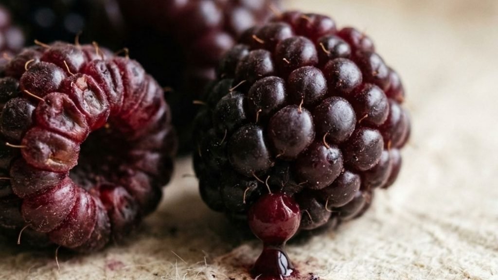 Very ripe boysenberries showing soft drupelets and a small amount of natural juice.

