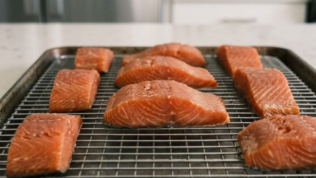 Thick cured salmon pieces resting on a wire rack with dry, slightly tacky surfaces.

