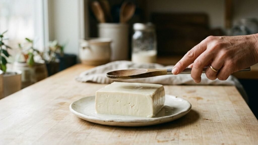Hand holding a spoon above an intact block of silken tofu on a ceramic plate.