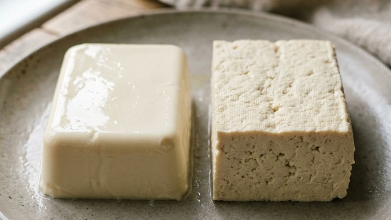 Silken tofu and firmer tofu pieces shown side by side to compare their textures.

