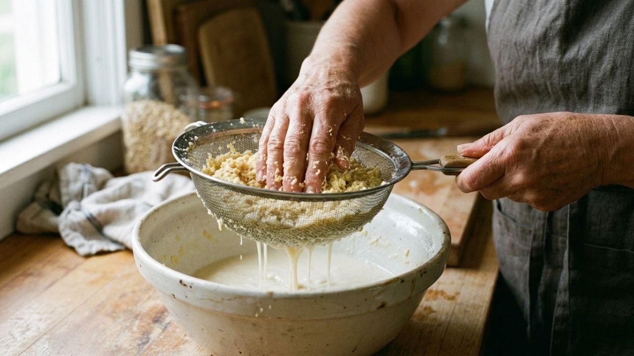 Hands pressing wet-ground maize through a fine sieve into a bowl of cloudy liquid.

