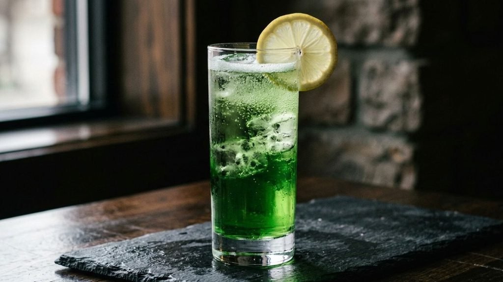 “Close view of a green Tokyo Tea with melting ice, condensation and small bubbles in the glass.”