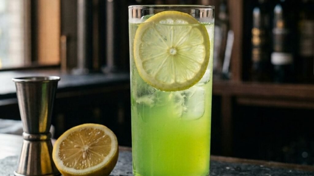 “Green Tokyo Tea cocktail in a tall glass with ice, lemon wheel, jigger and cut lemon on a dark stone bar.”