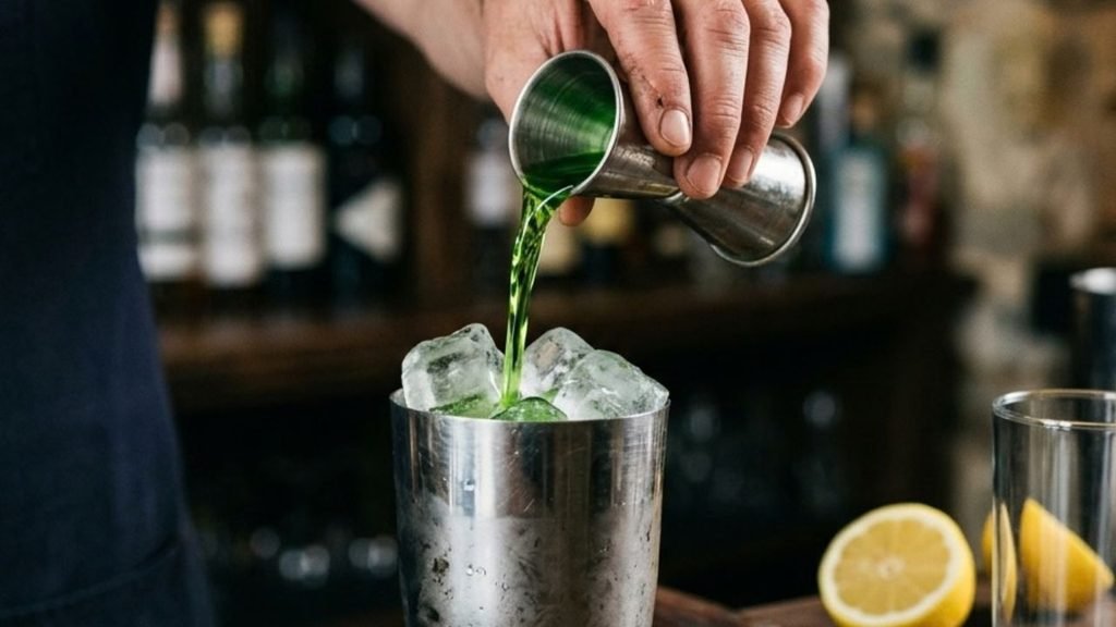 “Hand measuring green melon liqueur with a jigger over an ice-filled cocktail shaker.”