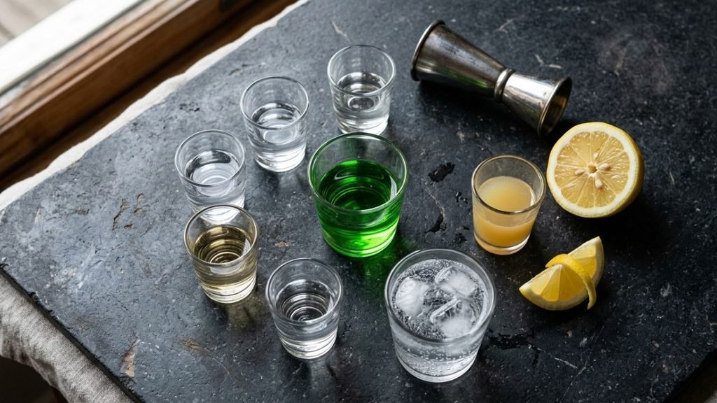 “Measured cocktail ingredients arranged around green melon liqueur, lemon, ice and a metal jigger.”