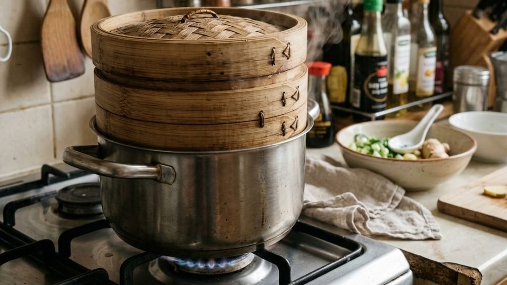 Bamboo steamer resting over a pot with gentle steam and condensation.

