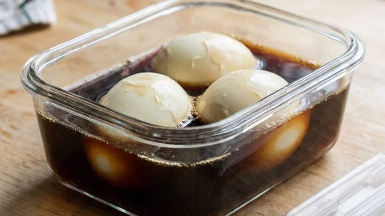 Peeled eggs sitting in dark soy marinade inside a clear container.