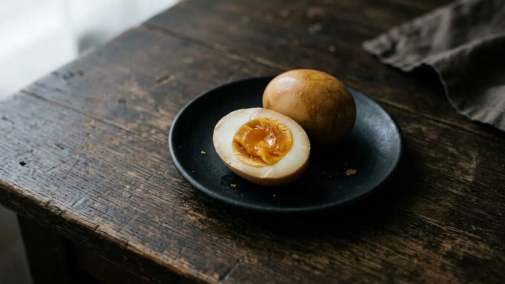 Halved soy-marinated egg with a creamy golden yolk on a dark ceramic plate.