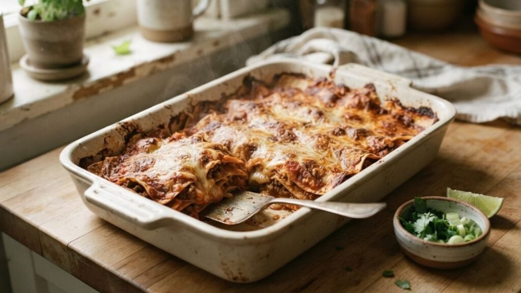 Layered beef enchilada casserole in a baking dish with browned cheese and one portion removed.