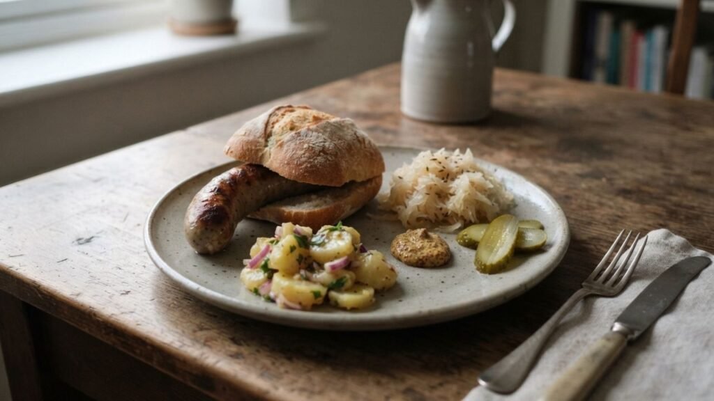 Grilled bratwurst with sauerkraut, mustard, dill pickle and potato salad on a ceramic plate beside a crusty roll.