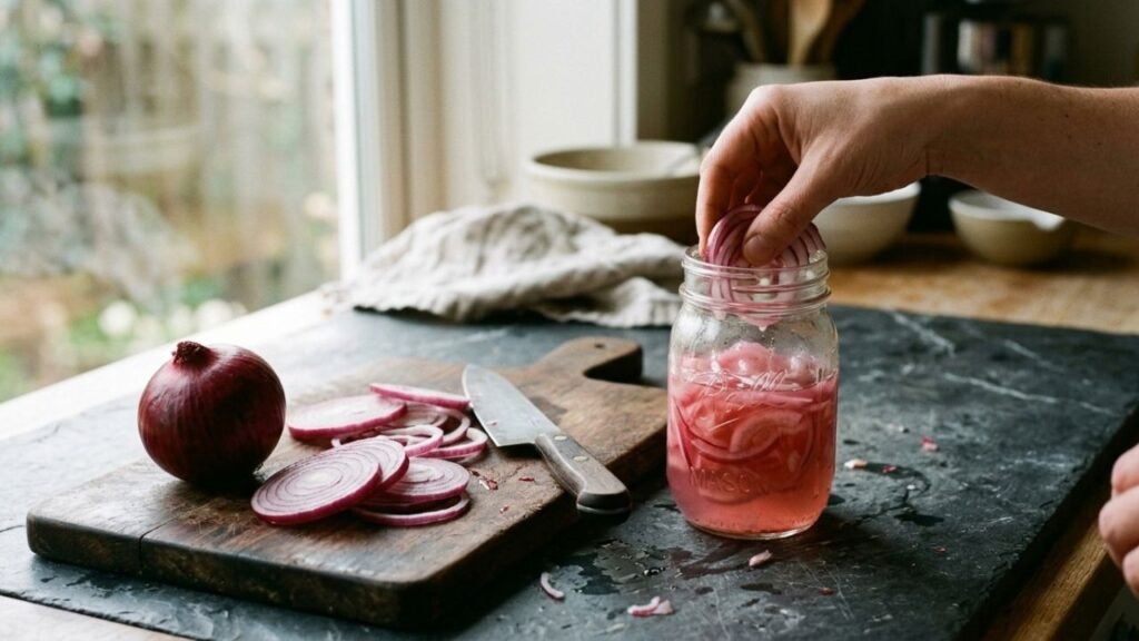 Hand slicing a red onion beside a glass jar of translucent pink pickled onions.