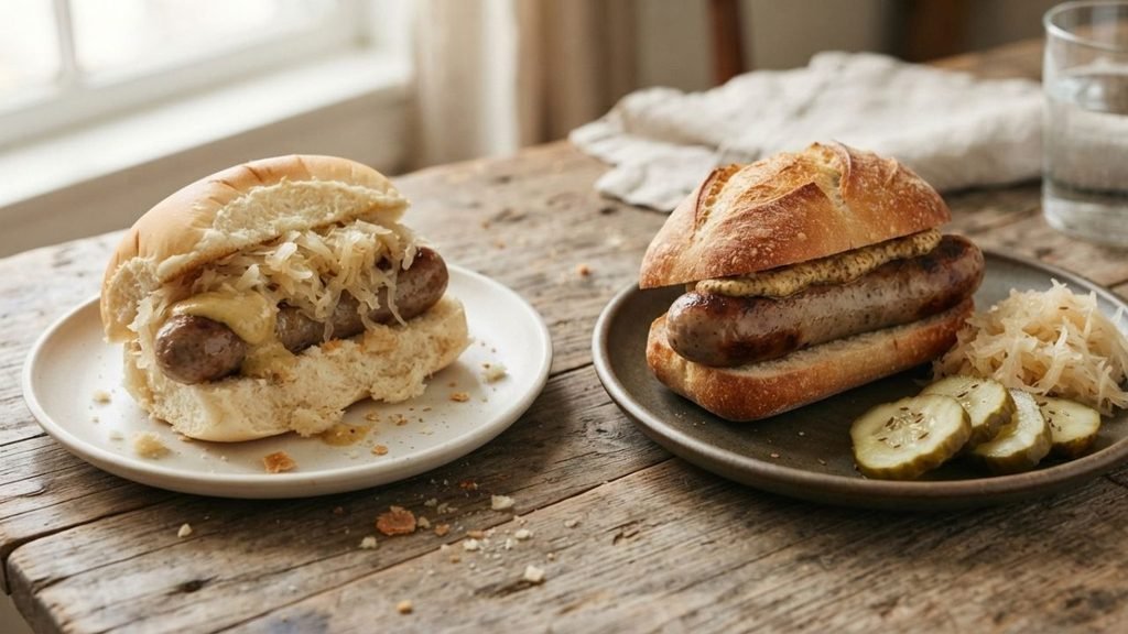 Two bratwurst servings comparing a soft roll with a crusty roll and different amounts of toppings.


