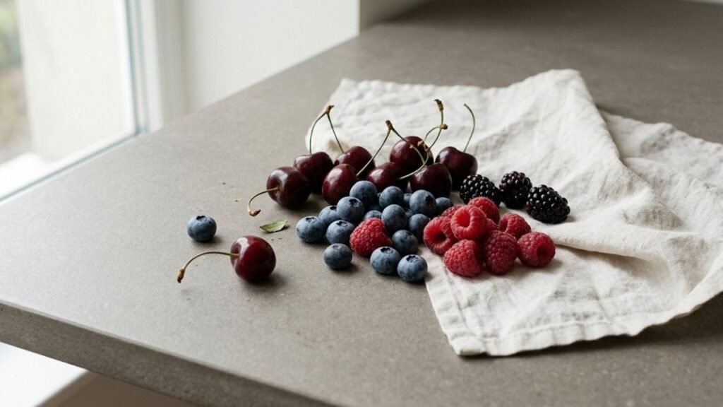 Cherries, blueberries, raspberries and blackberries arranged separately on a grey stone surface.