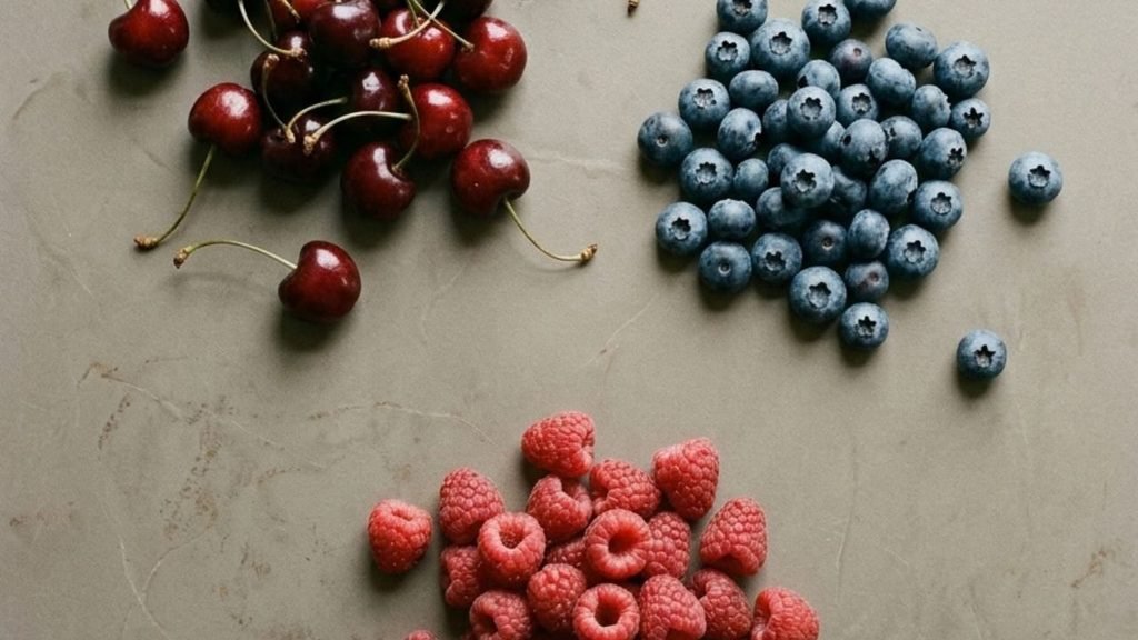 Separate groups of cherries, blueberries and raspberries on a grey surface.