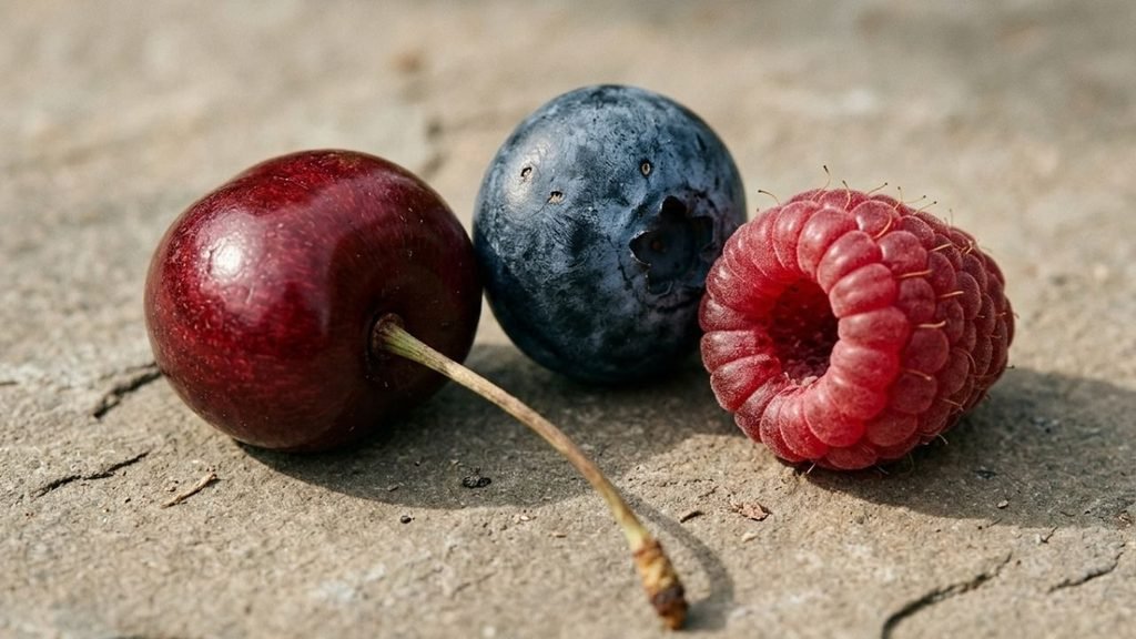 Close-up of a cherry, blueberry and raspberry showing their different skin textures.