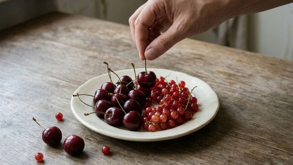 A hand selects a cherry beside a small group of red currants on a ceramic plate.