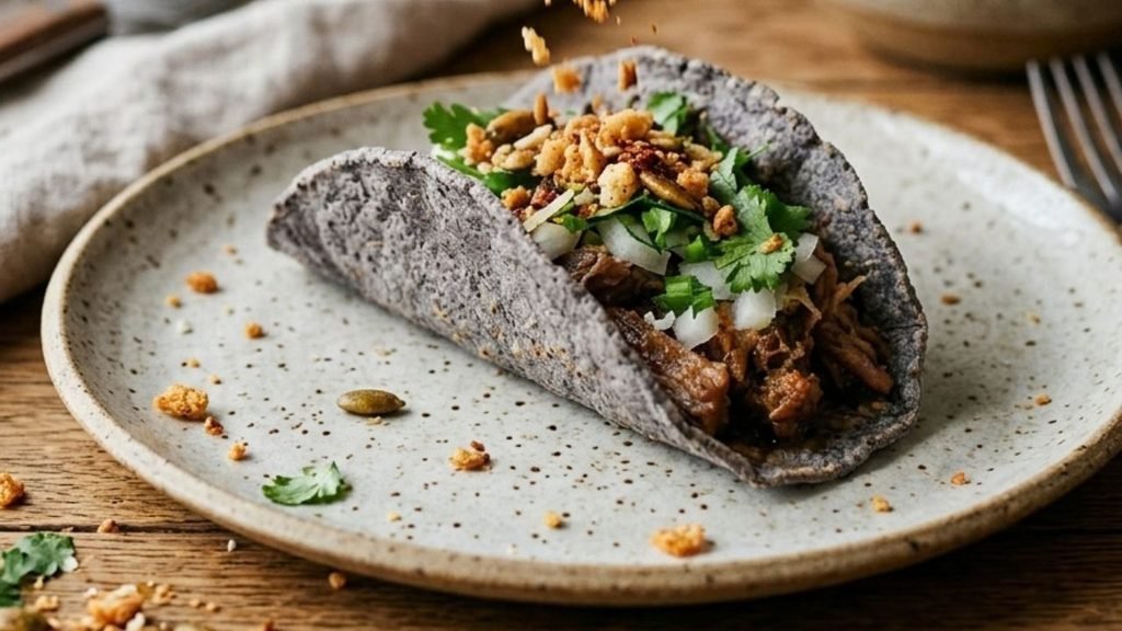 A hand adds a crunchy topping to a filled corn tortilla taco.

